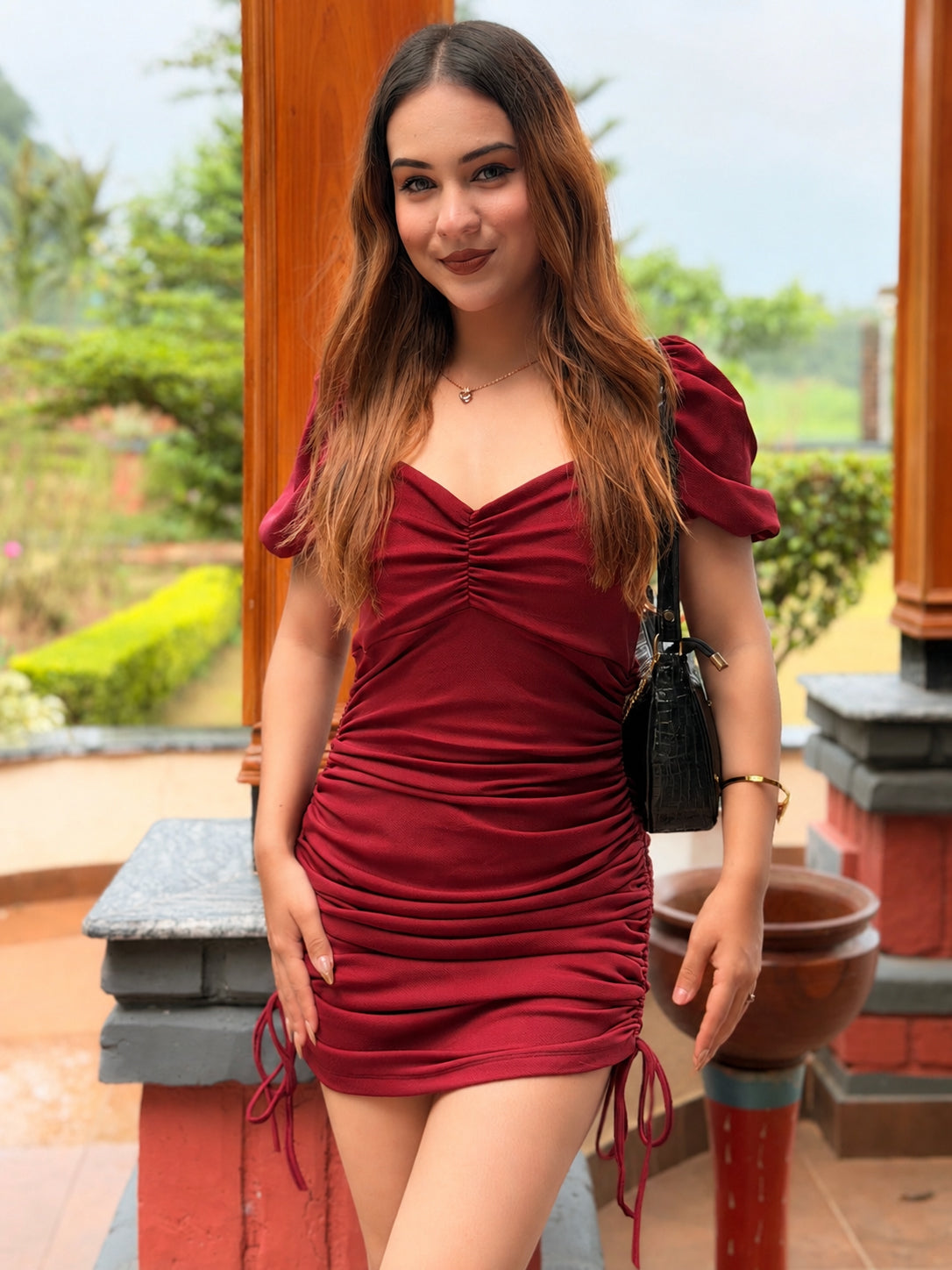 TANDUL Women's Burgundy Ruched Puff Sleeve Mini Dress