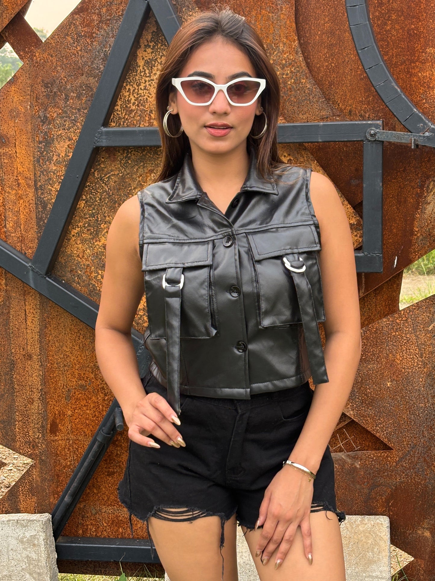 TANDUL Women Sleek Black Leather Crop Jacket