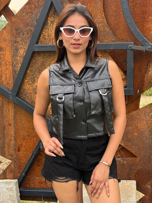 TANDUL Women Sleek Black Leather Crop Jacket