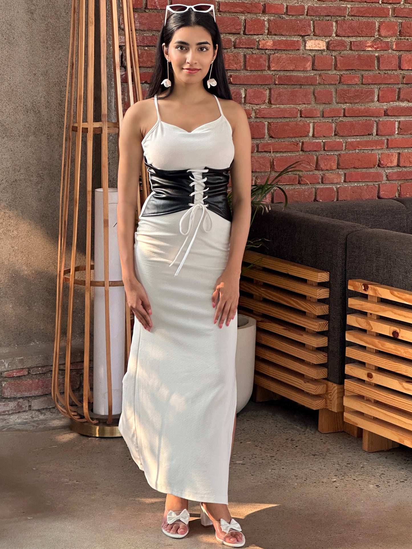 TANDUL Women White Dress with Attached Belt