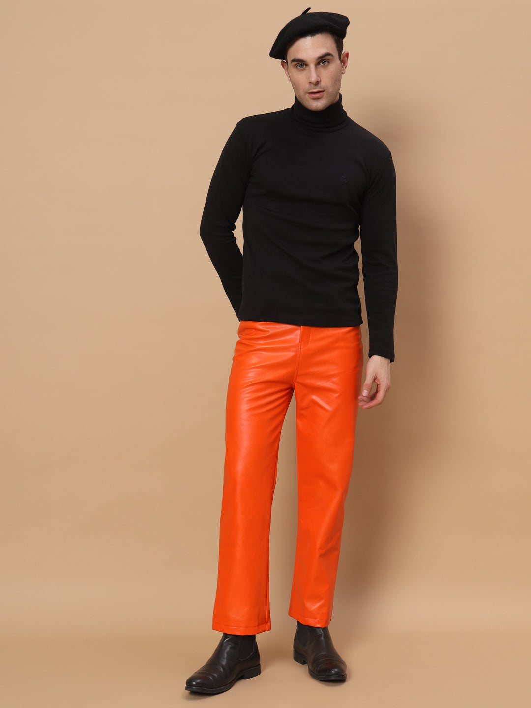 TANDUL  Men Regular Fit Orange Faux Leather Trousers