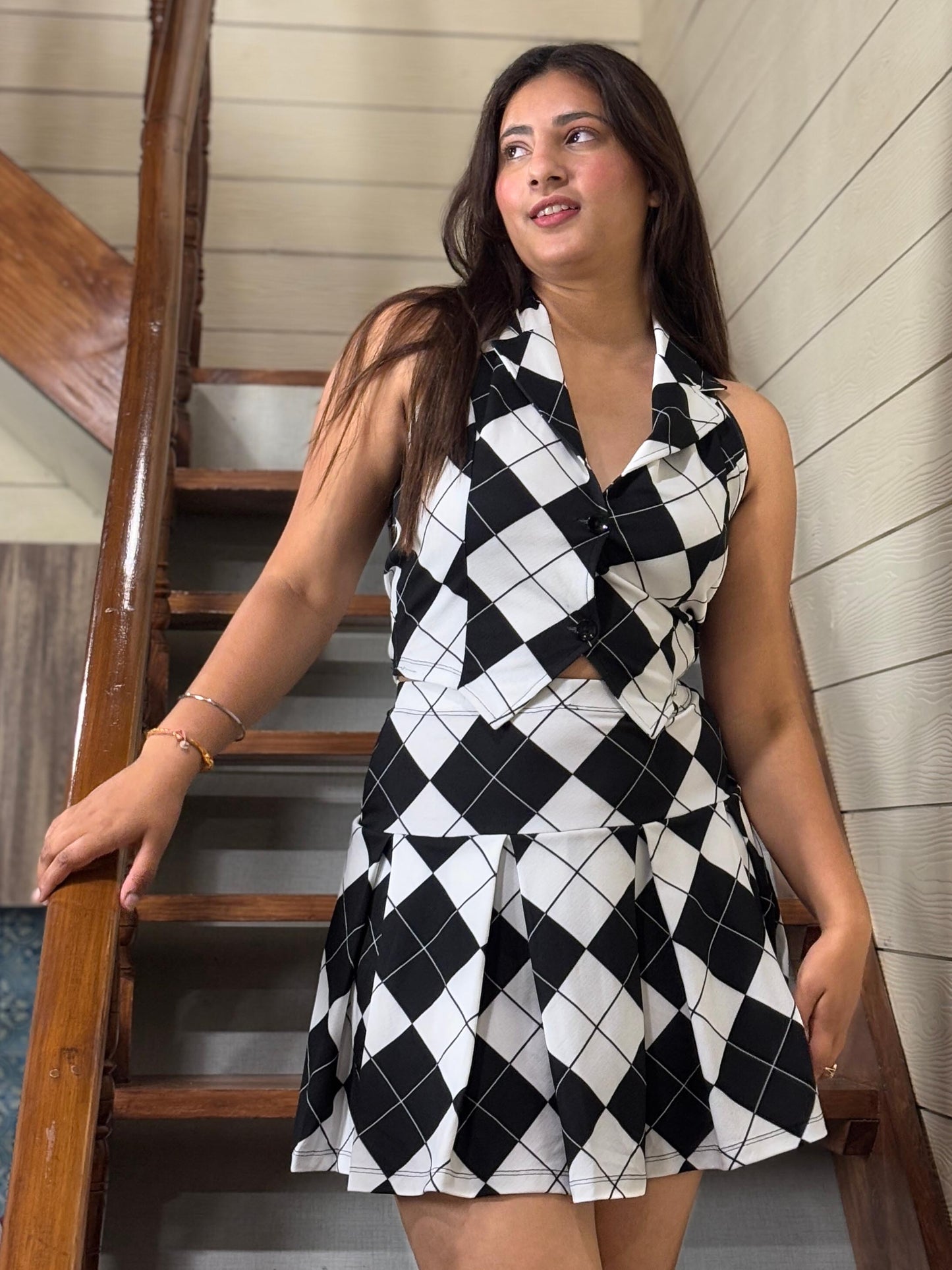 TANDUL Stunning Black and White Argyle Pattern Co-ord Set