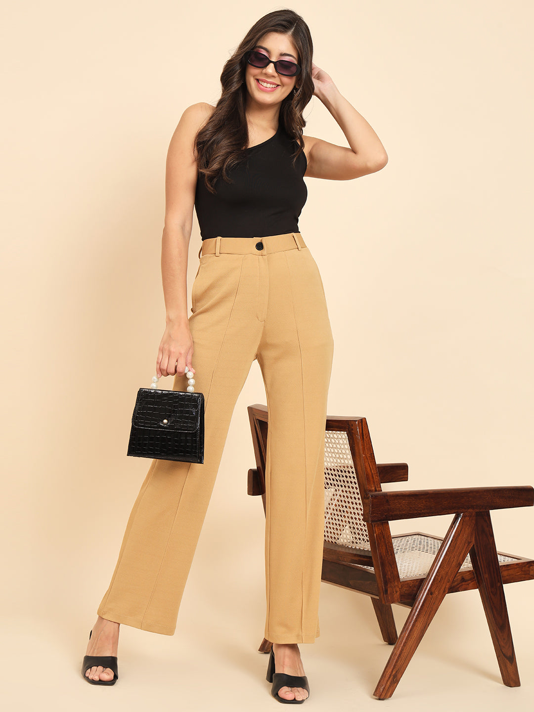 TANDUL Women Regular Fit Beige Lycra Trousers