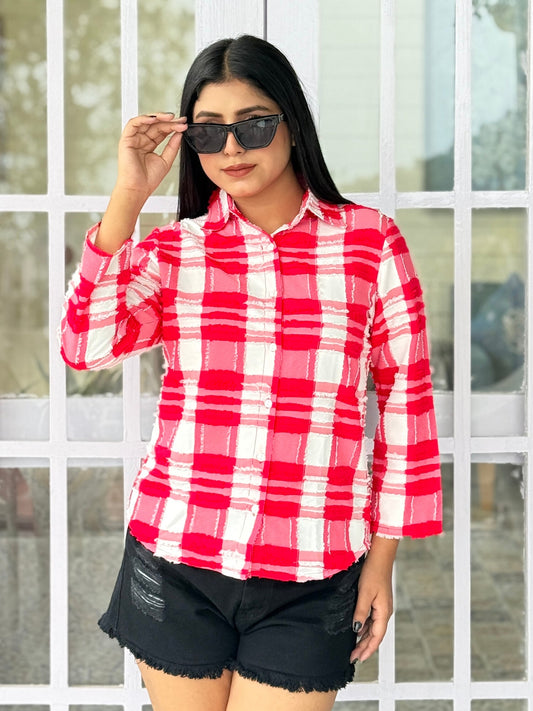 TANDUL Women Pink and white Plaid Shirt