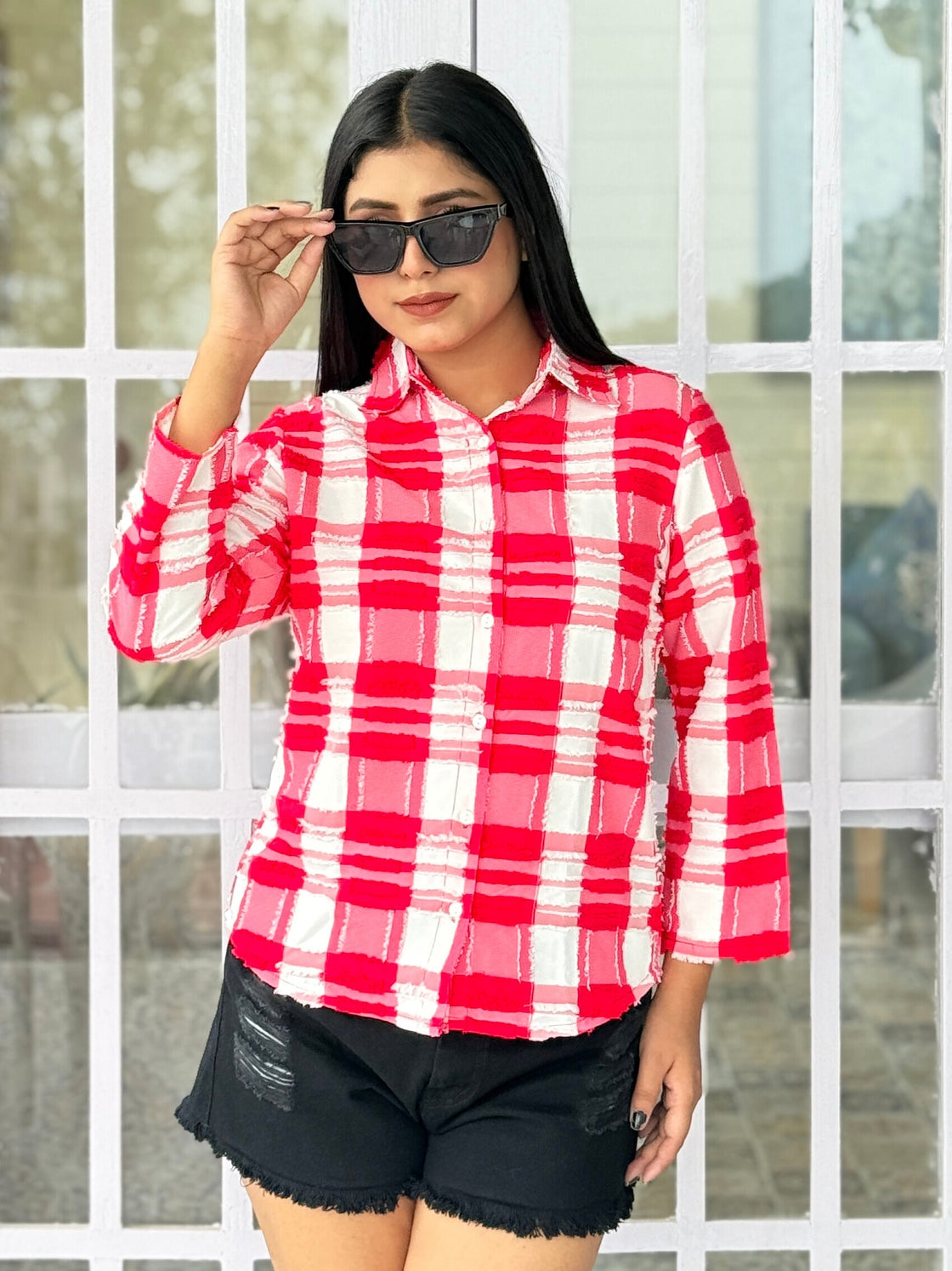 TANDUL Women Pink and white Plaid Shirt