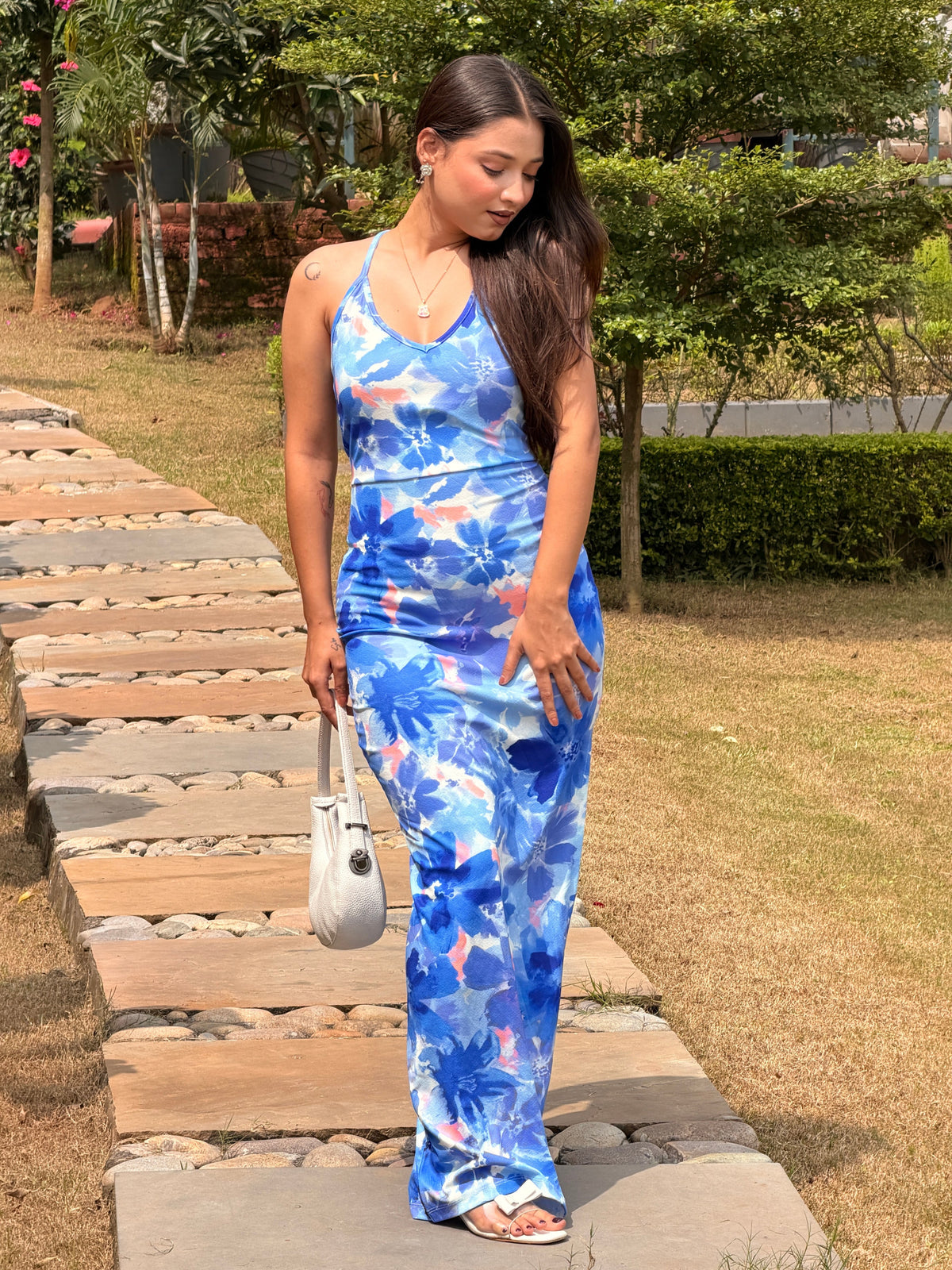 TANDUL Women Blue Floral Backless Bodycon Dress