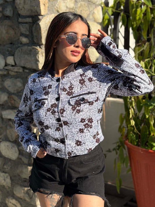 TANDUL Women Stunning Black and White Floral Print Jacket