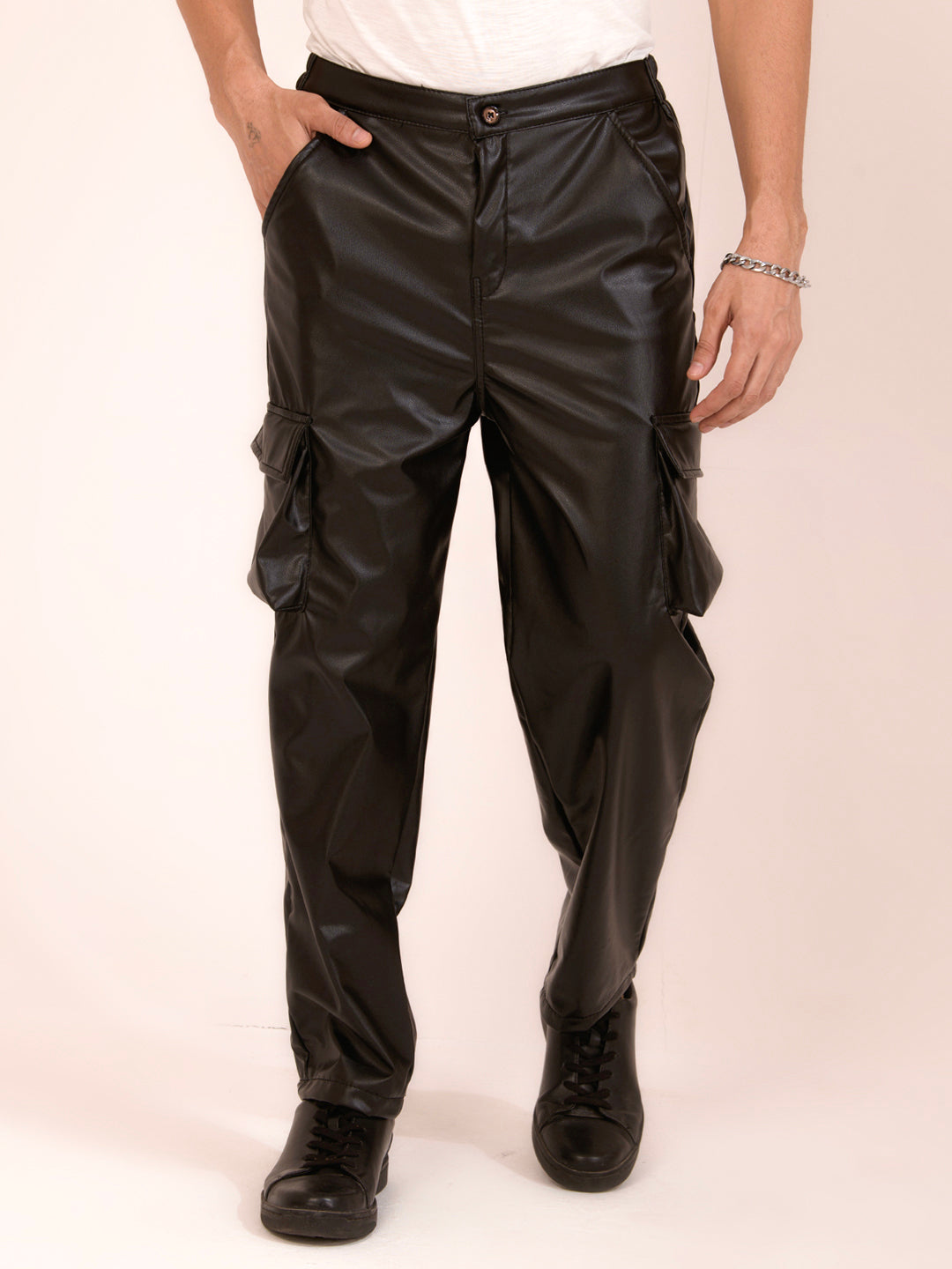 TANDUL  Men Regular Fit Brown Faux Leather Trousers