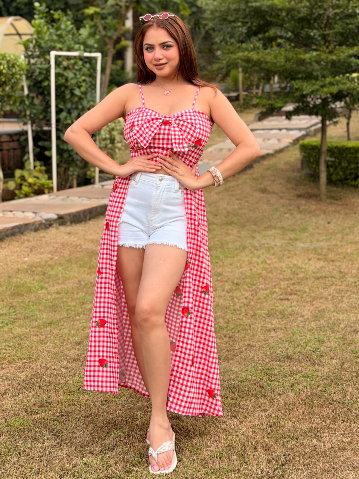 TANDUL Women Red Gingham Strawberry Print Shrug cum Top