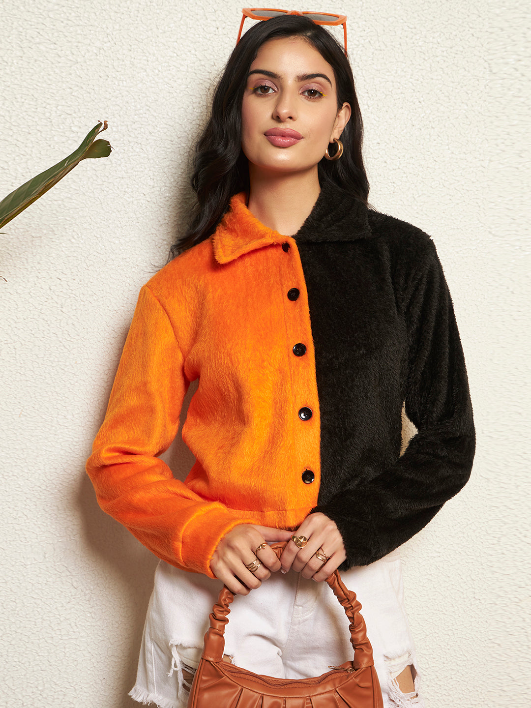 TANDUL Women Striking Orange and Black Fur Jacket