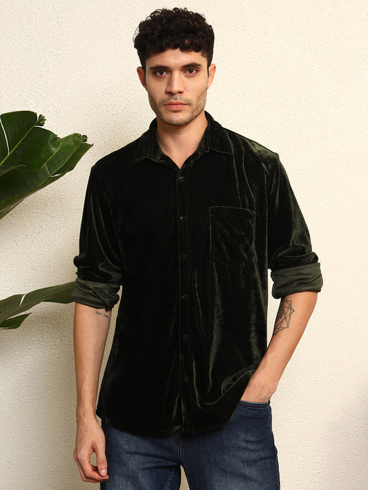 TANDUL Mens's Alluring Green Velvet Shirt