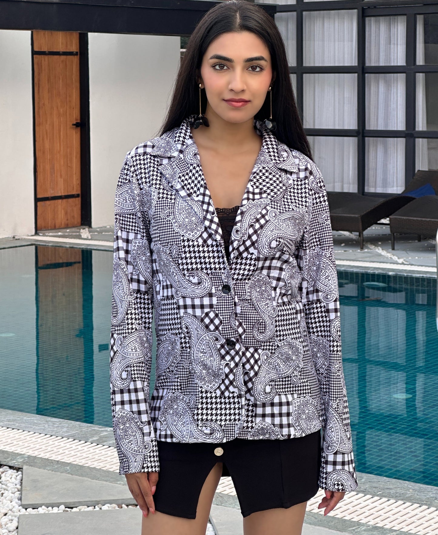 TANDUL Women Black and White Paisley Patterned Blazer