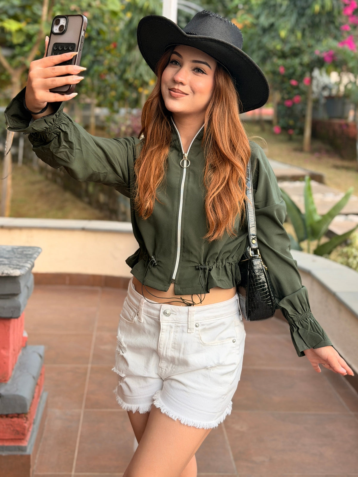 TANDUL Women Olive Green Cropped Windbreaker Jacket