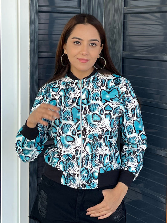 TANDUL Women's Blue and Black Snake Print Bomber Jacket