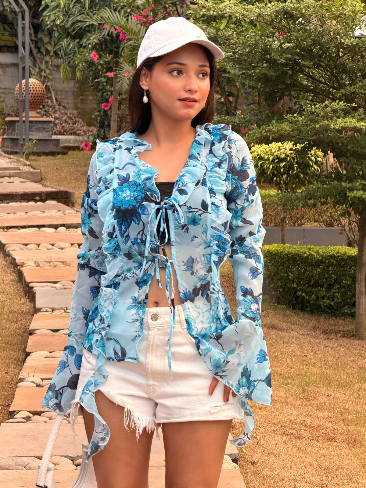 TANDUL Women Charming Floral Printed Sky12blue Georgette Top