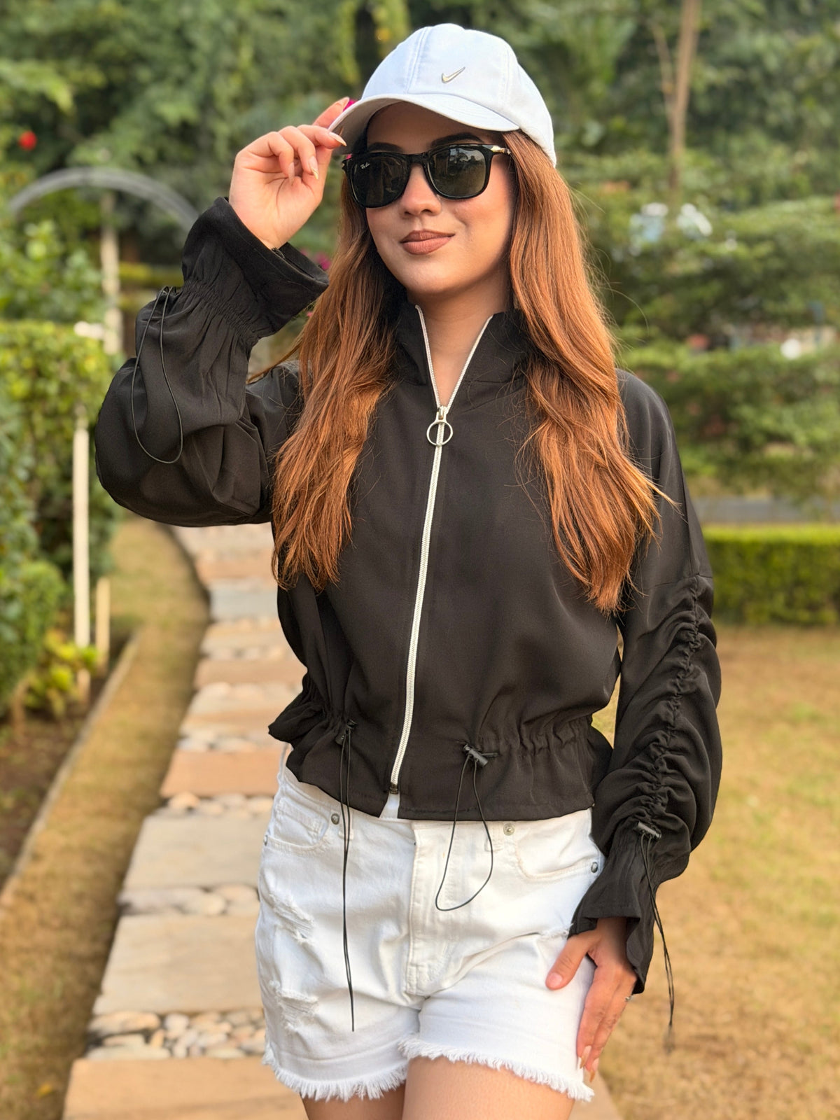 TANDUL Women High-Neck Zip-Up Jacket with Adjustable Drawstring