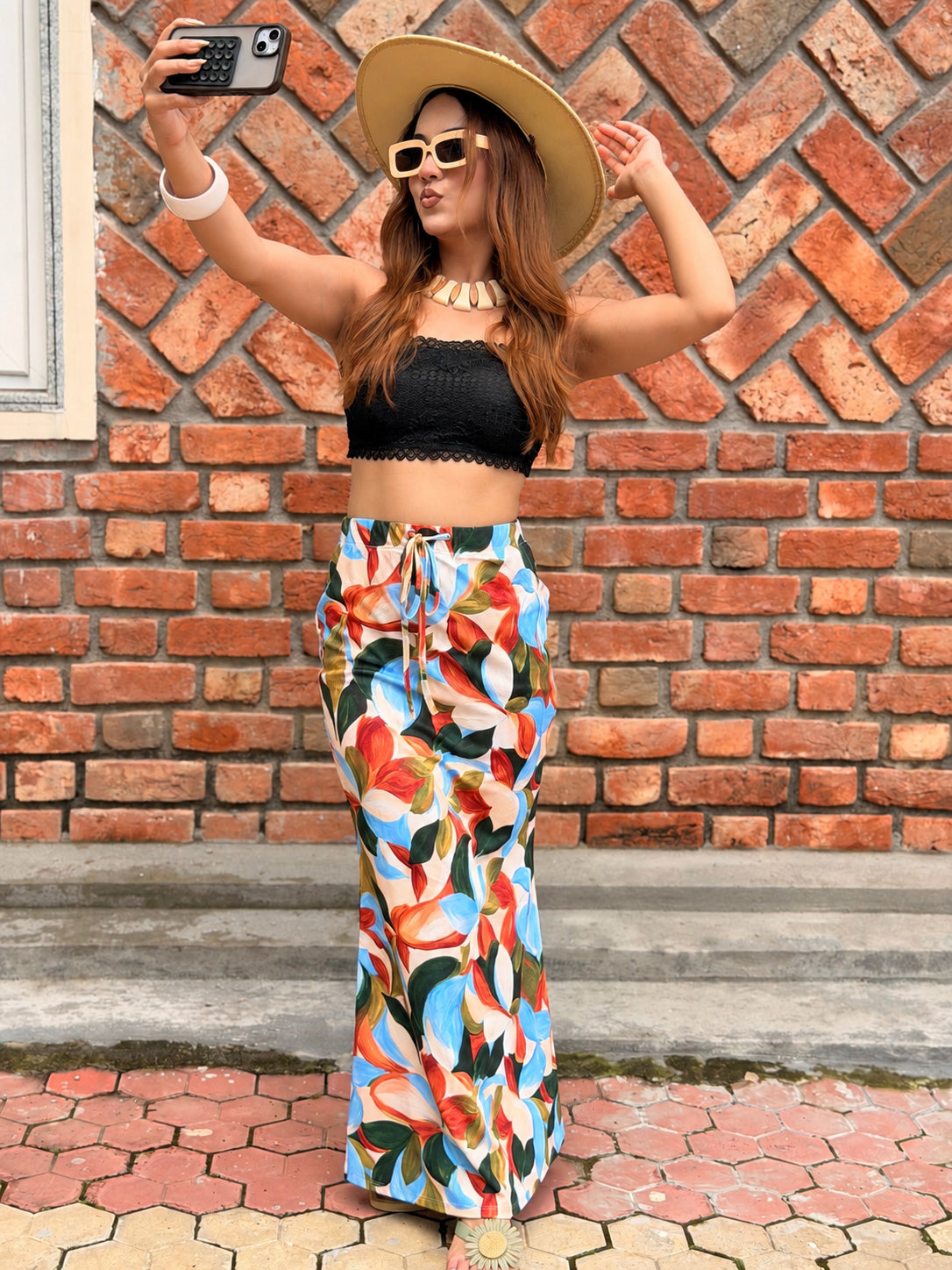 TANDUL Women Multi-Color Tropical Leaf Printed Maxi Skirt