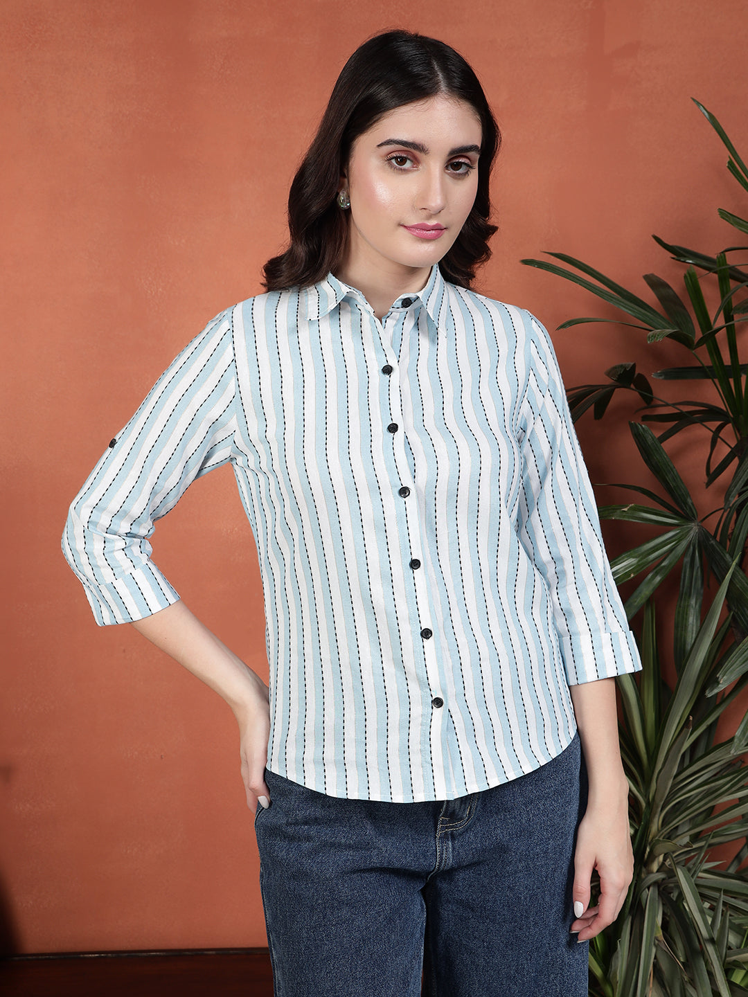 TANDUL Women Stylish Blue and White Striped Shirt