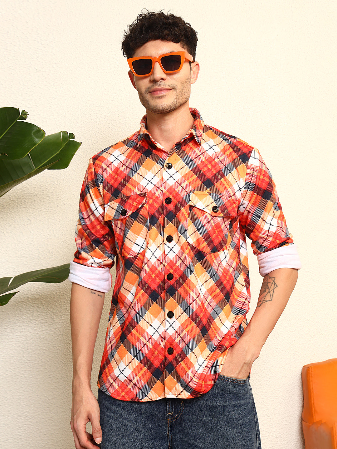 TANDUL Men's Striking Orange and Black Plaid Printed Shaket