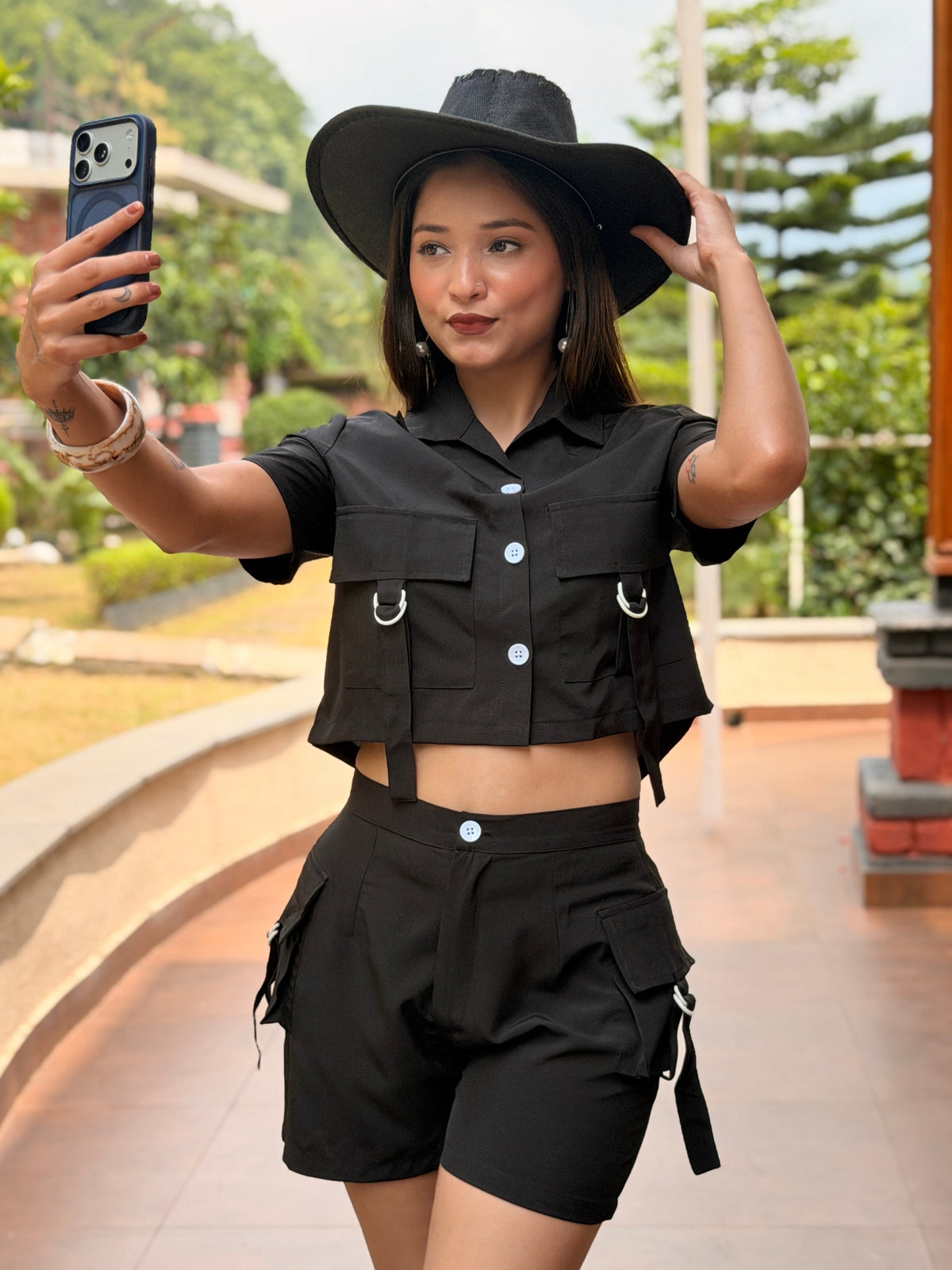 TANDUL Women Short Sleeve Button-Down Crop Top and Cargo Shorts Co-ord