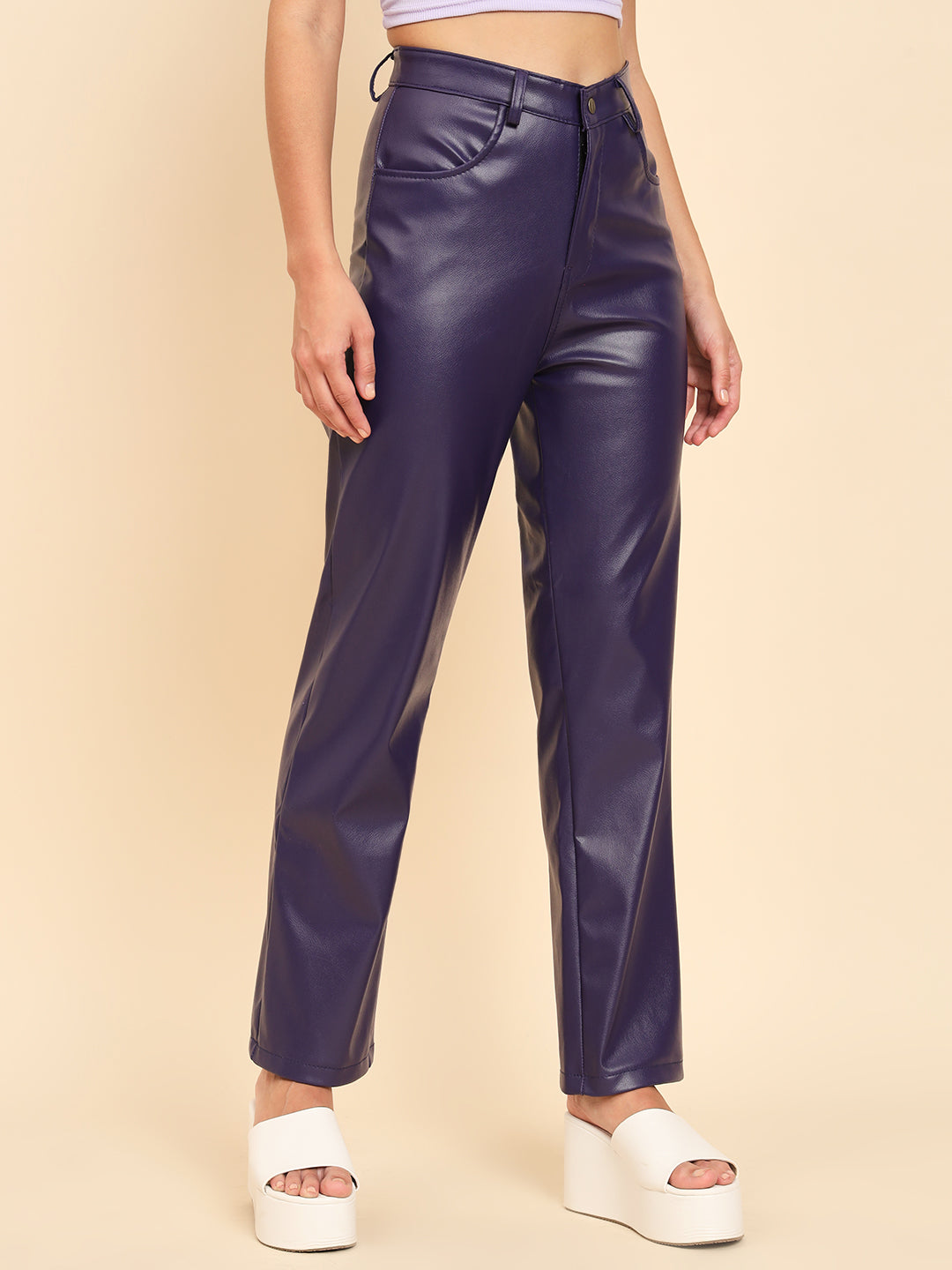 TANDUL Women Regular Fit Blue Faux Leather Trousers