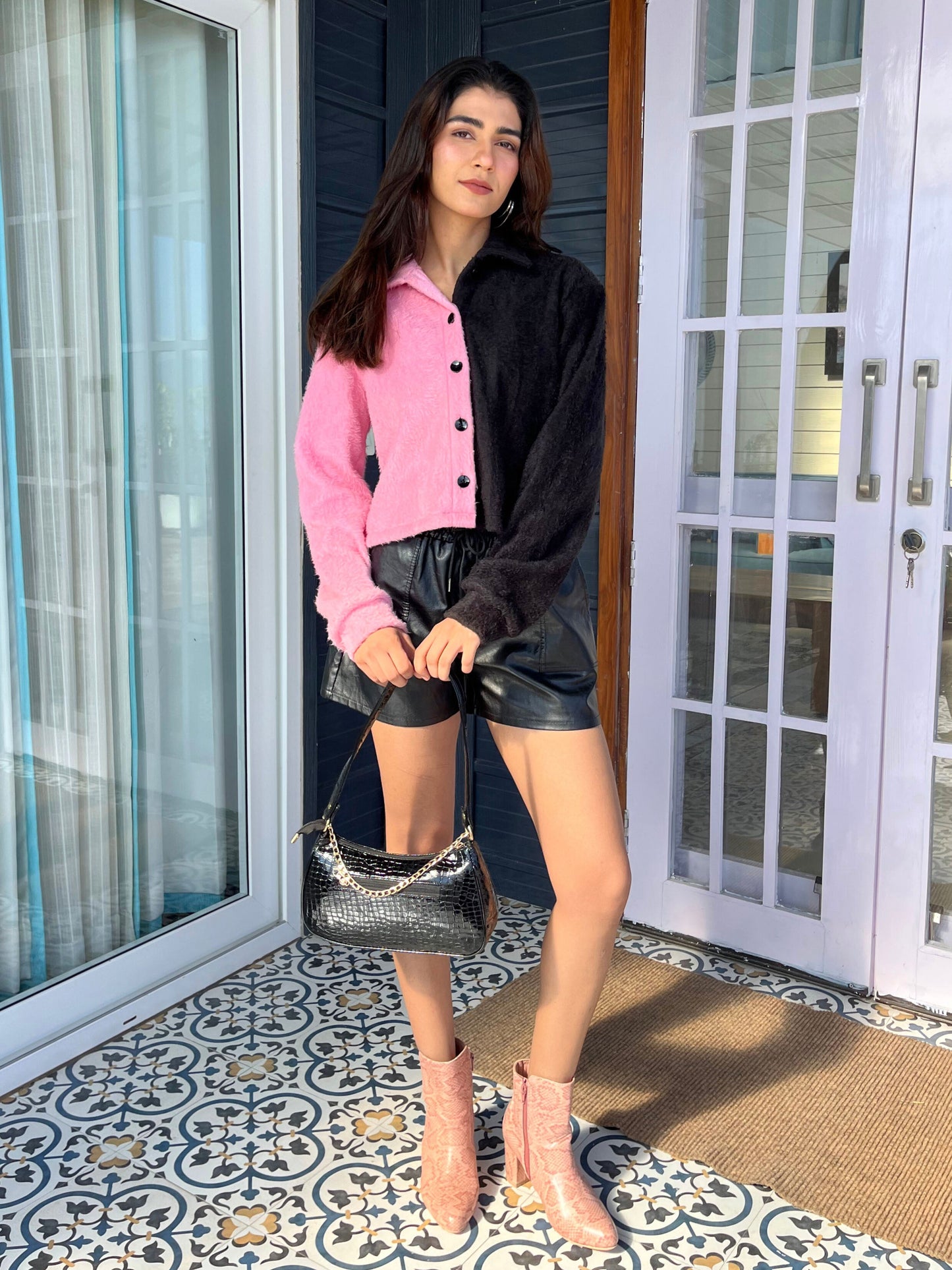 TANDUL Women Stylish Pink and Black Fur Jacket