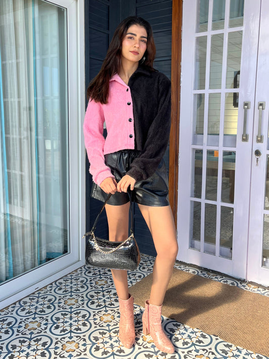 TANDUL Women Stylish Pink and Black Fur Jacket