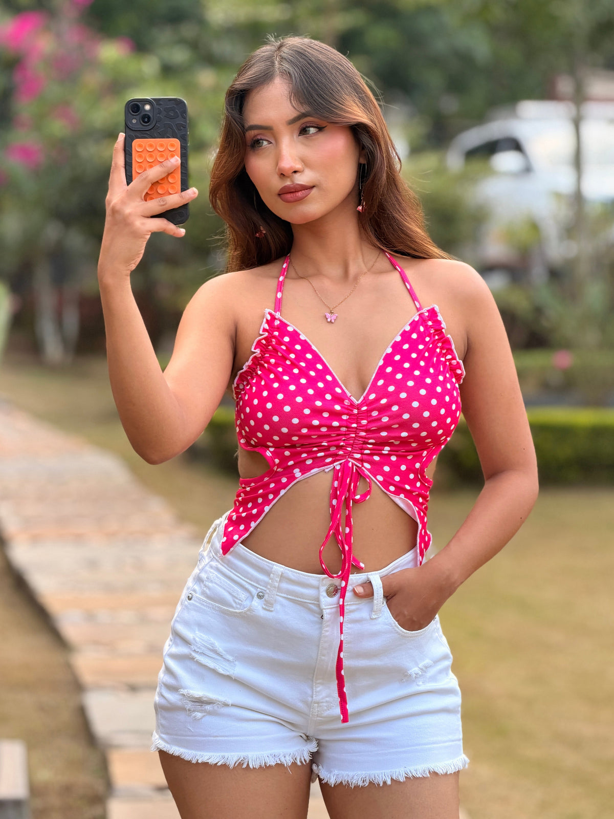 TANDUL Women Hot Pink Polka Dot Butterfly Crop Top