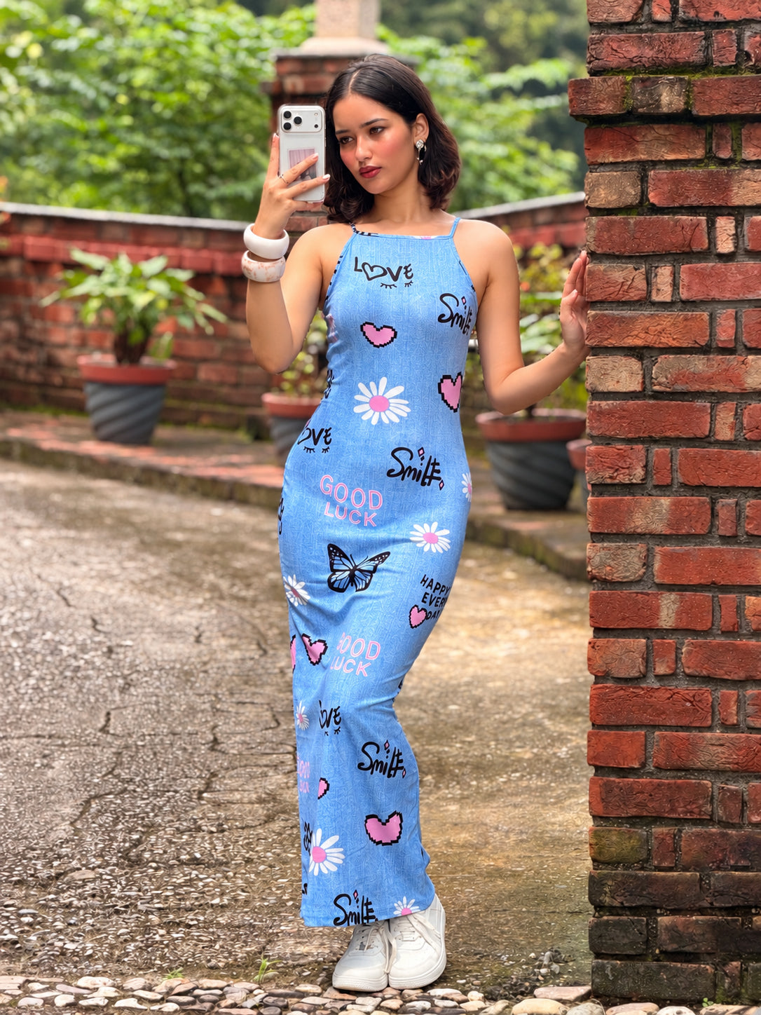 TANDUL Women's Sleeveless Halter Neck Printed Bodycon Maxi Dress