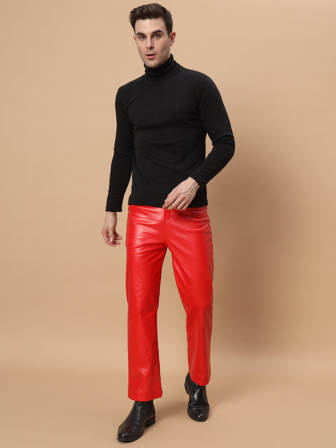 TANDUL  Men Regular Fit Red Faux Leather Trousers