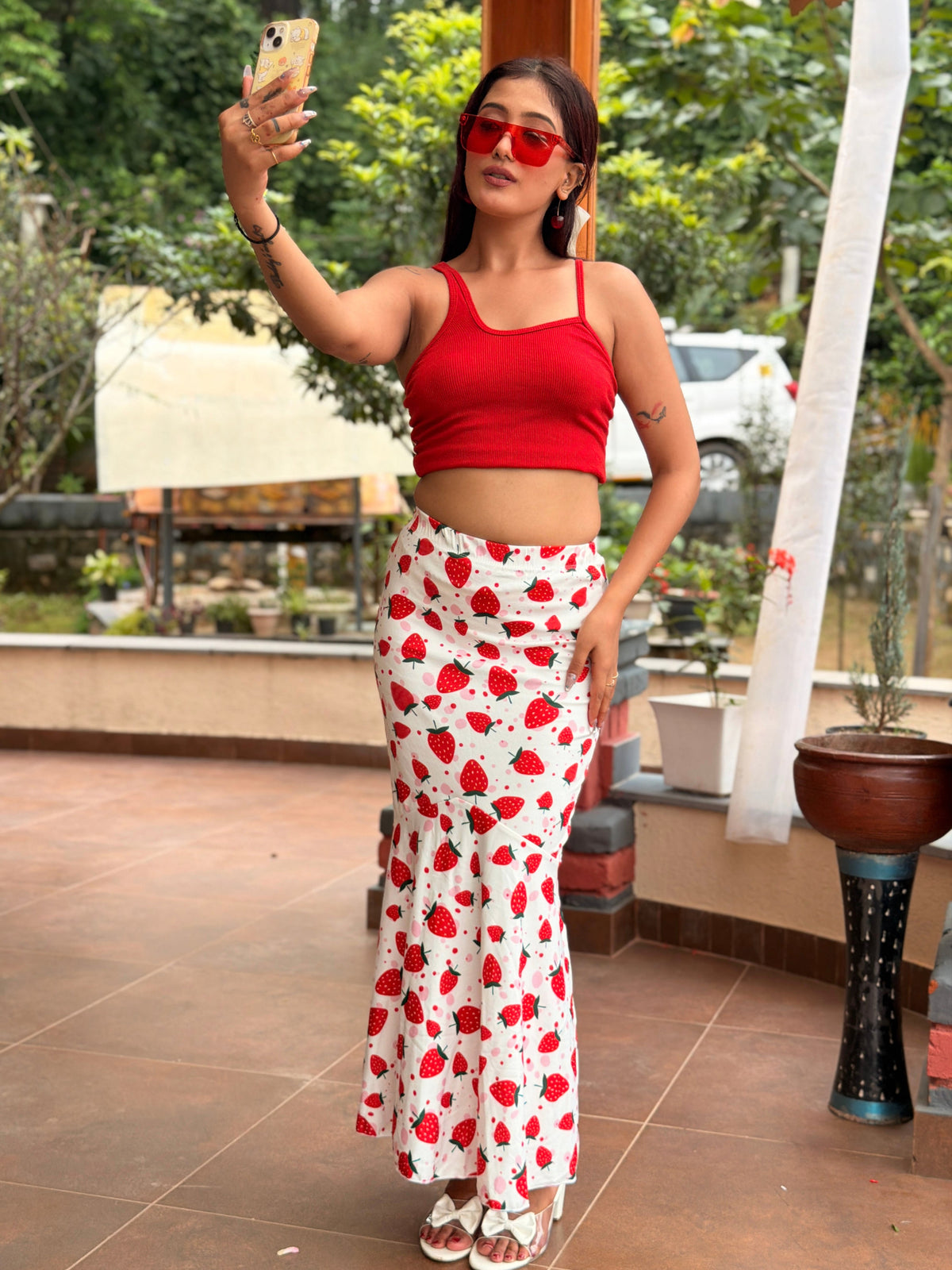 TANDUL Women Strawberry Printed Mermaid Maxi Skirt