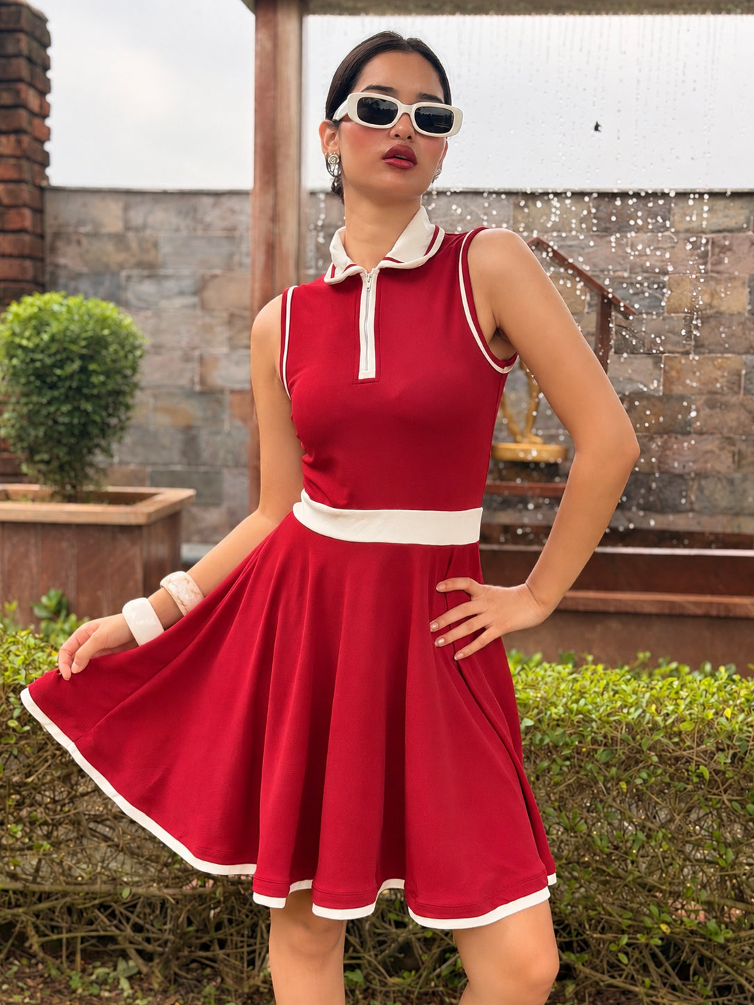 TANDUL Women Retro Sleeveless Polo Dress with Zipper Neck