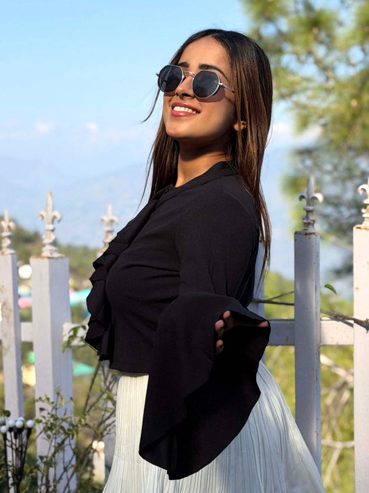 TANDUL Women Elegant Black Ruffle Top