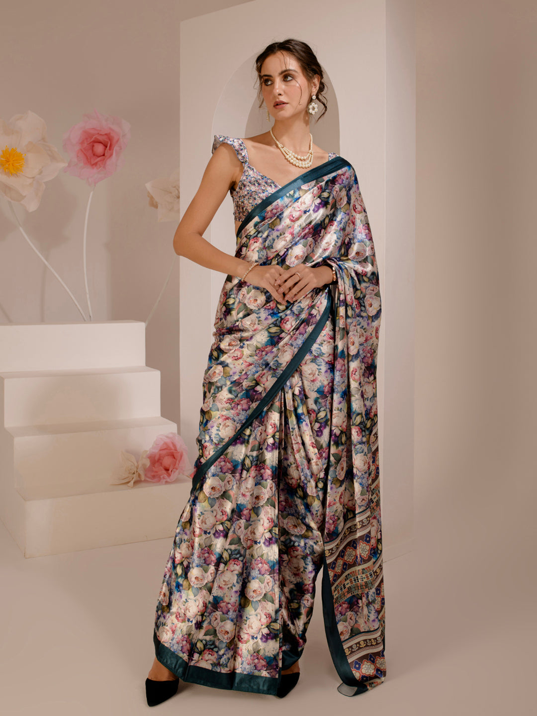 ELTIRE Exquisite Printed Bollywood Style Satin Saree