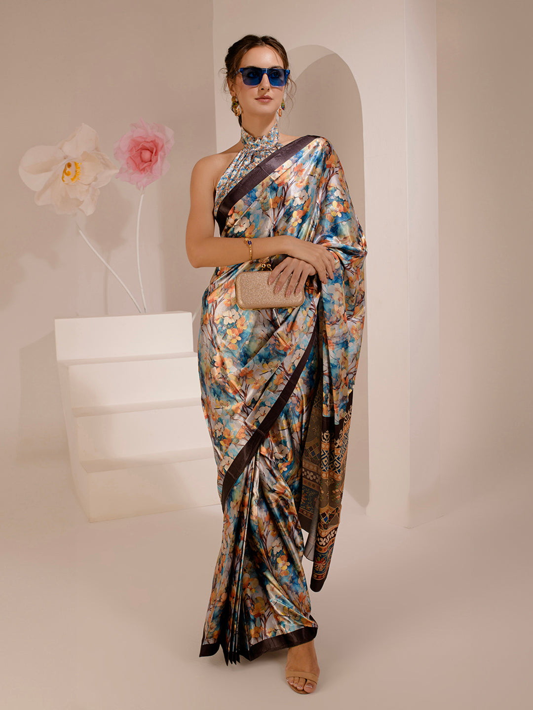 ELTIRE Floral Print Bollywood Satin Saree (Multicolor)