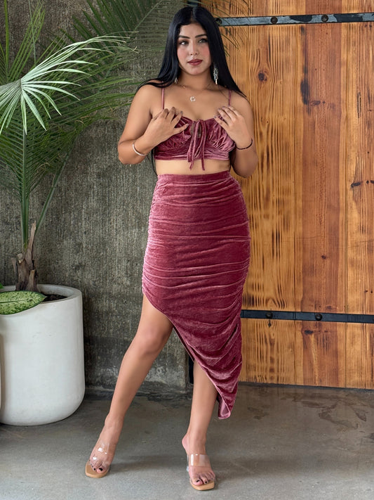 TANDUL Women Stunning Burgundy Velvet Co-ord Set
