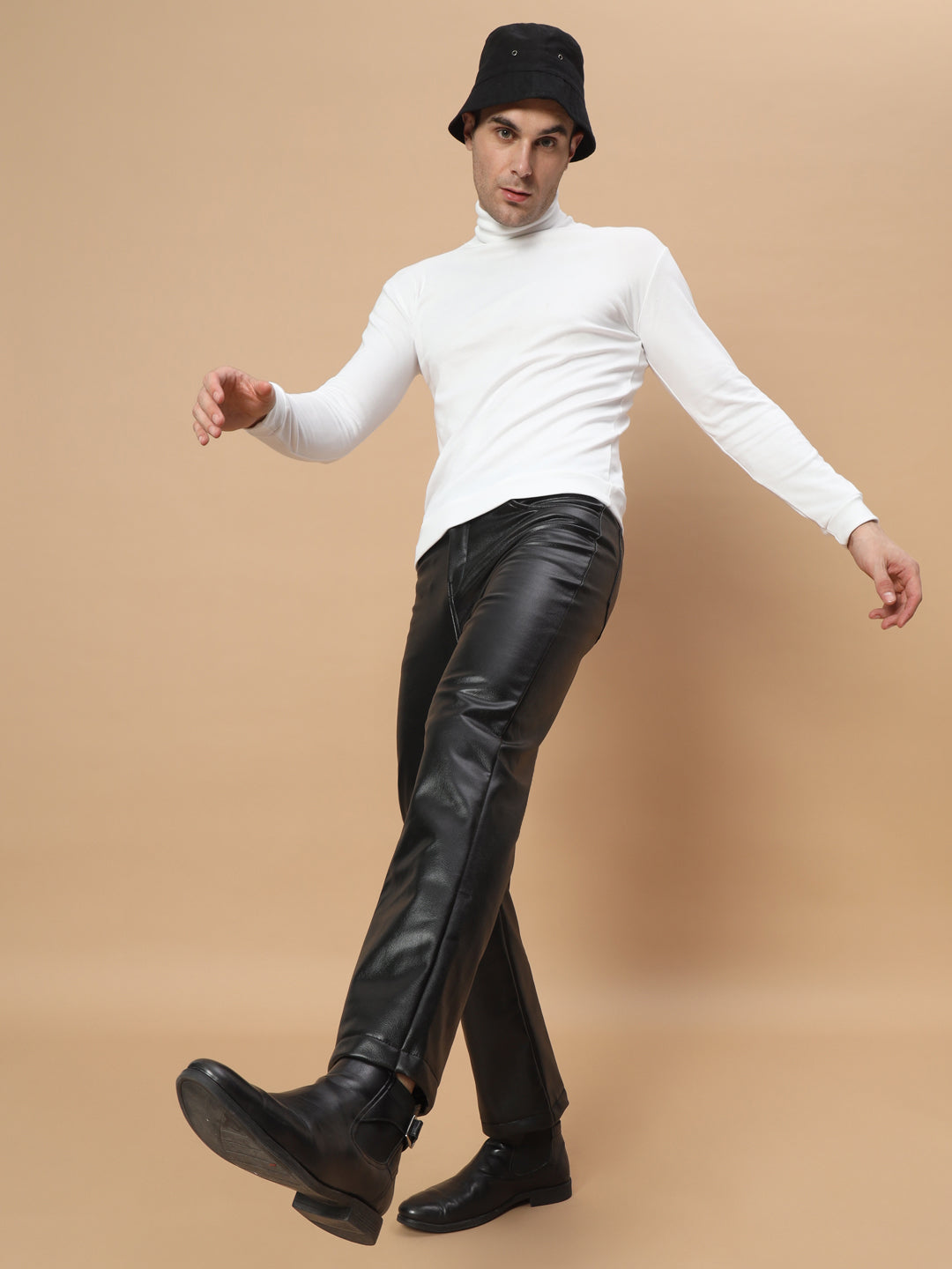 TANDUL  Men Regular Fit Black Faux Leather Trousers