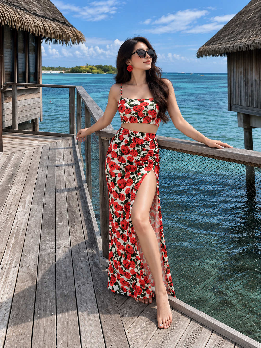 TANDUL Womekn Red Rose Print Crop Top & Ruched High-Slit Maxi Skirt Set