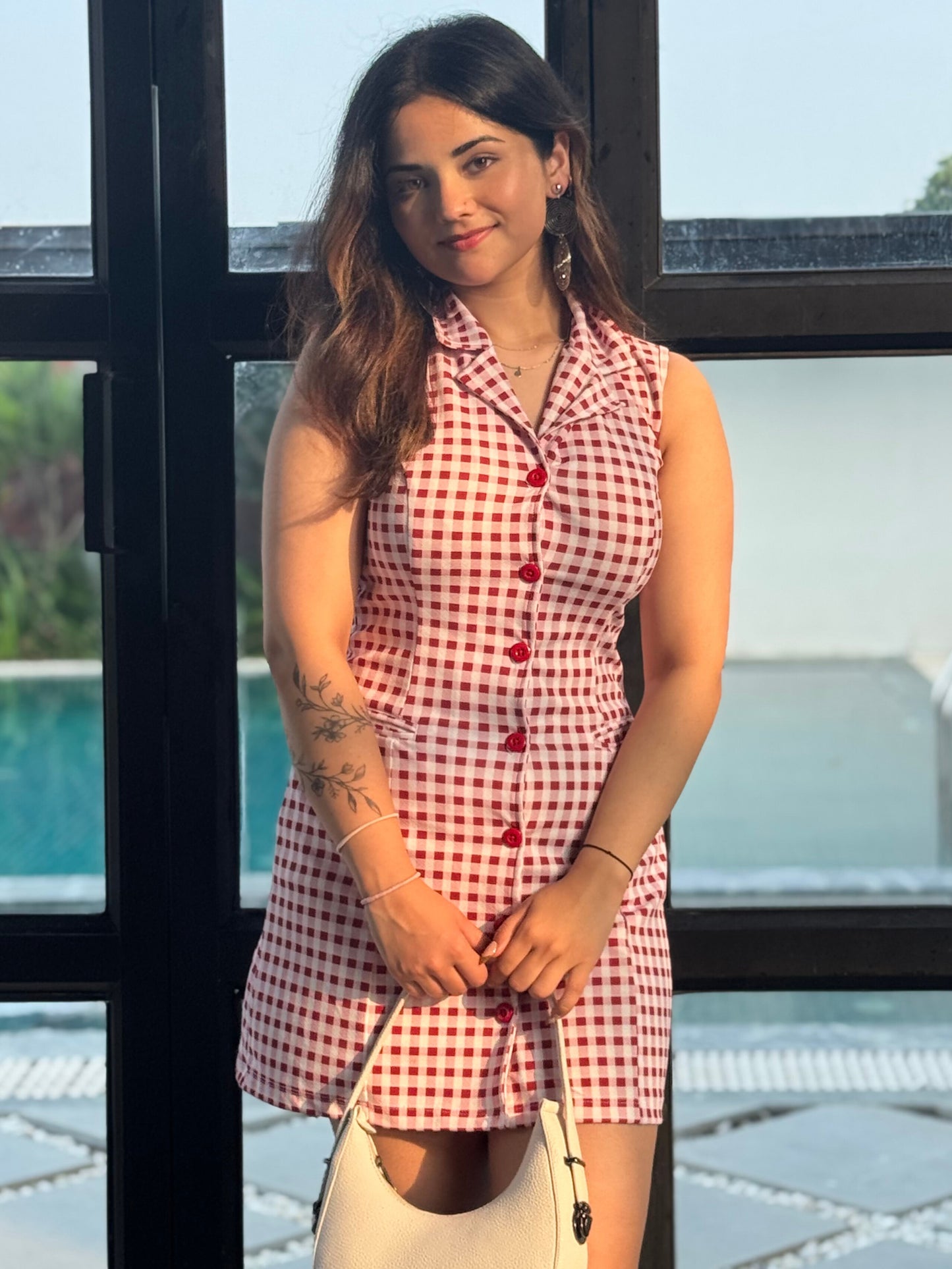 TANDUL Women Charming Red and White Checkered Dress