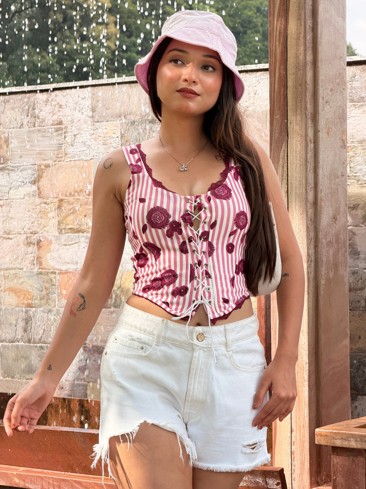 TANDUL Women Pink Vertical Striped Floral Lace Cami Corset Top