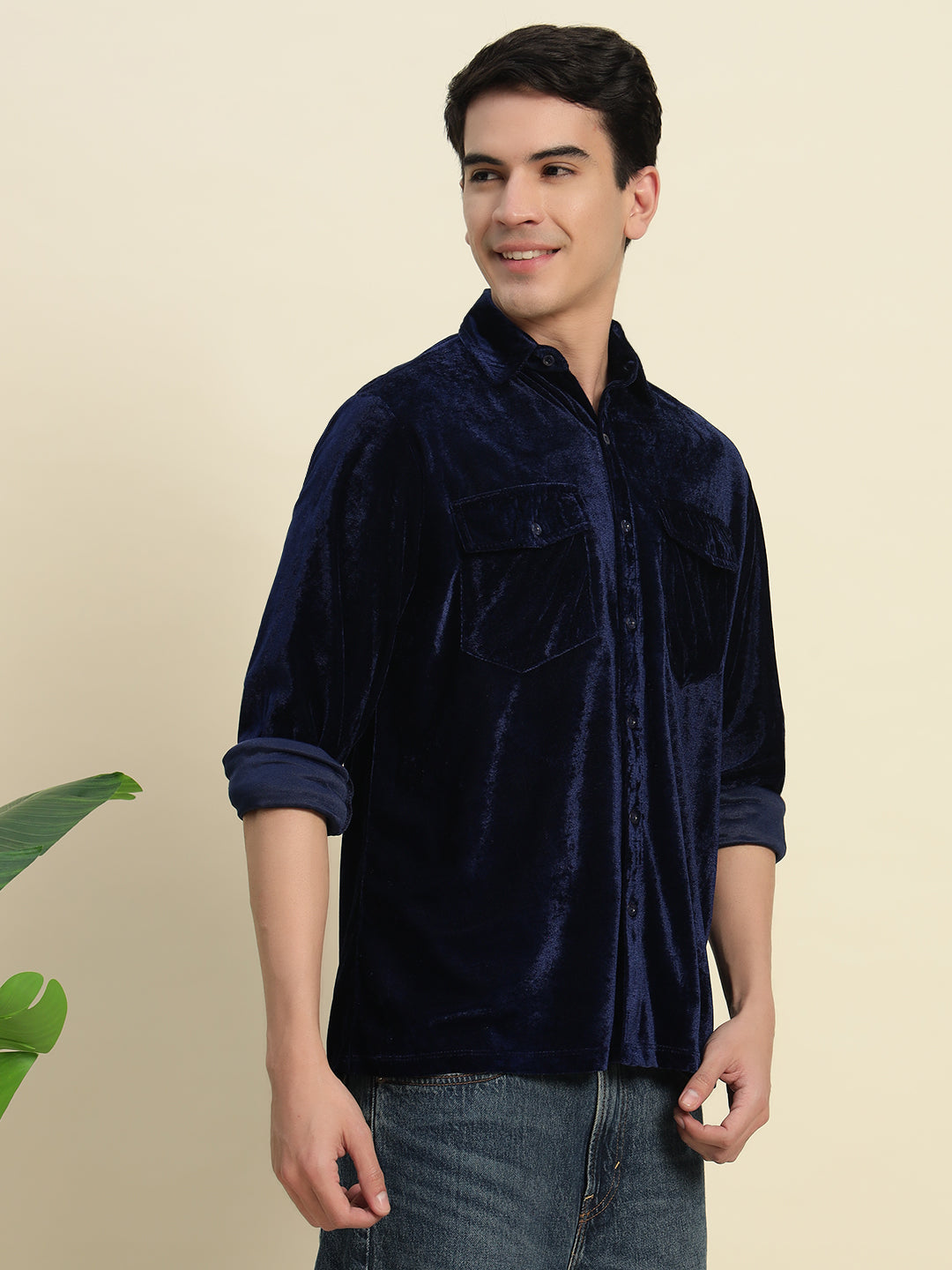 TANDUL Men's Blue Velvet Shirt