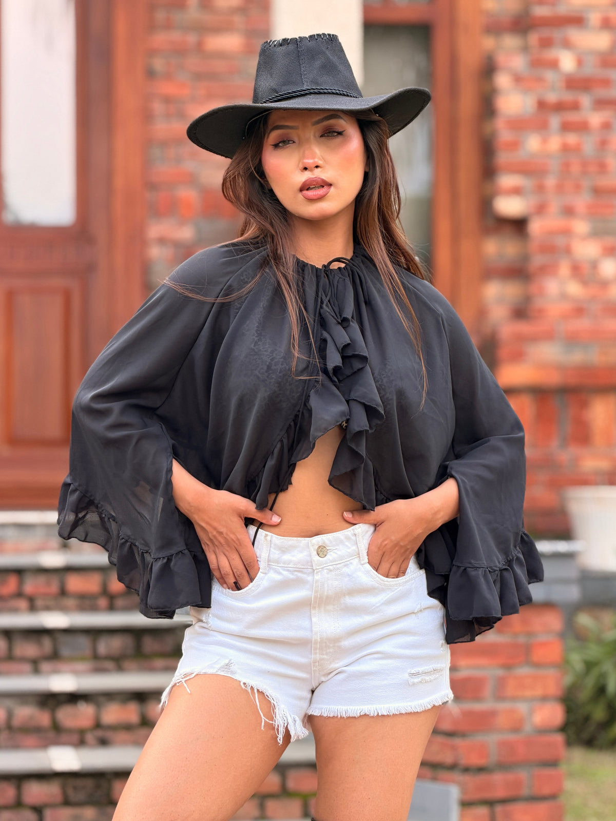 TANDUL Women Black Sheer Georgette Shrug with Ruffle Trim