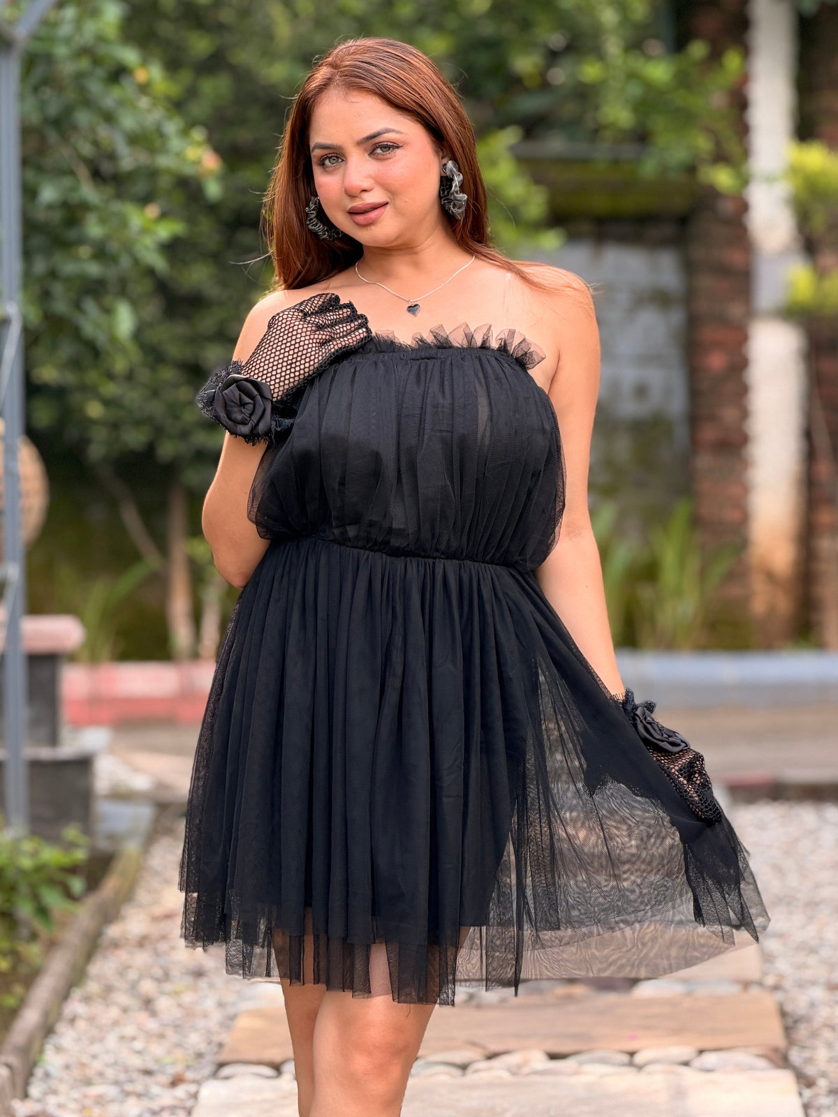TANDUL Women Elegant Strapless Black Tulle Mini Dress
