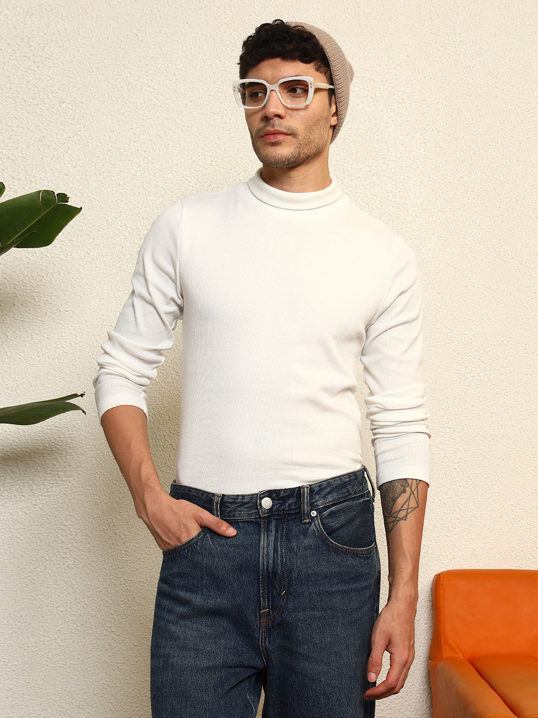 TANDUL  Men Solid Turtle Neck White Sweater