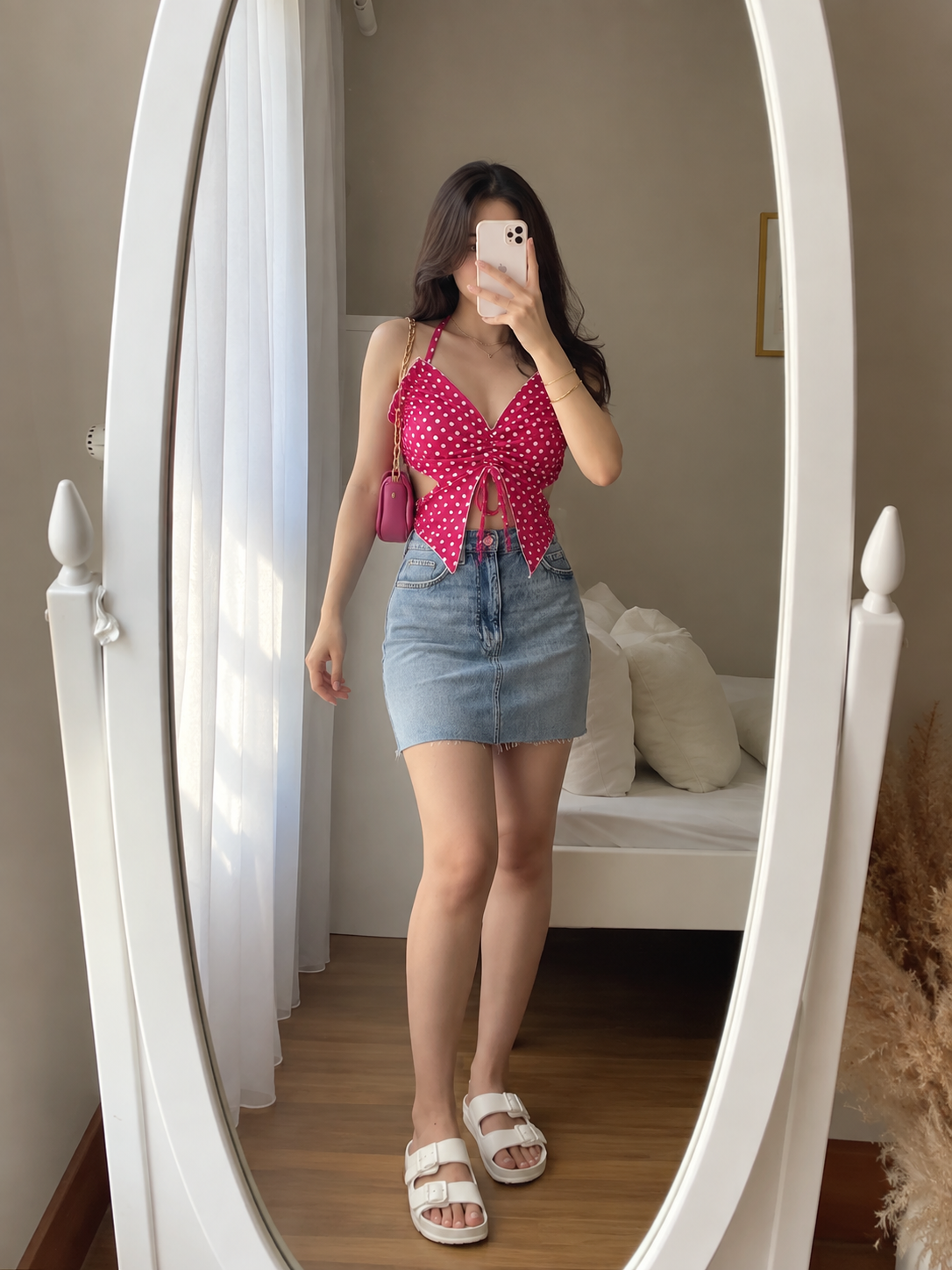 TANDUL Women Hot Pink Polka Dot Butterfly Crop Top