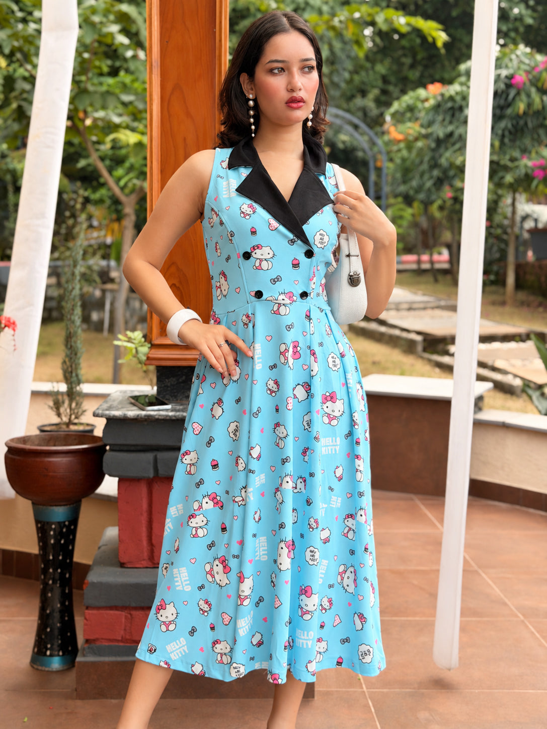 TANDUL Women Retro Hello Kitty Print Double-Breasted Dress