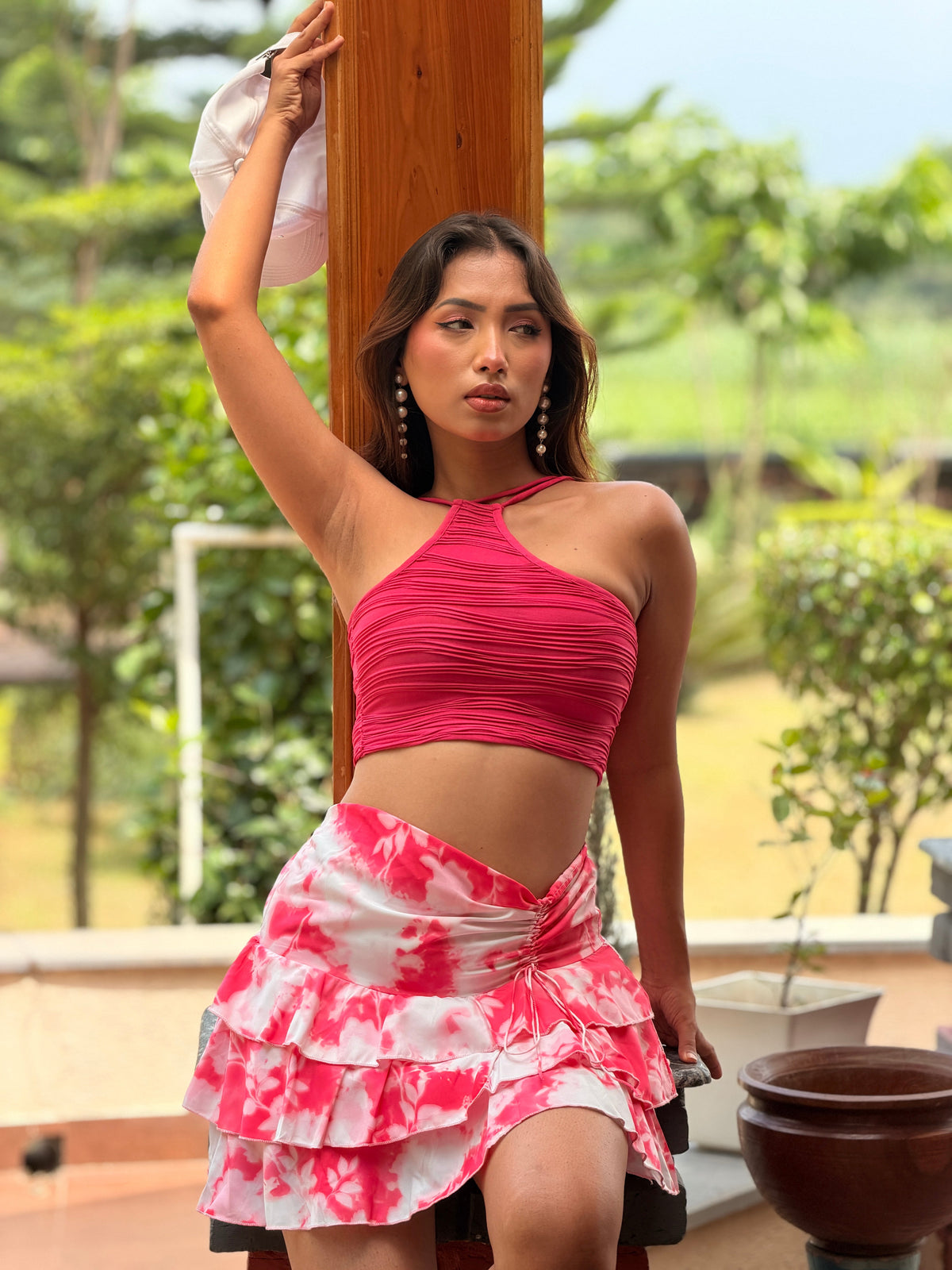 TANDUL Women Fuchsia Pink Tie-Dye Ruffle Mini Skirt