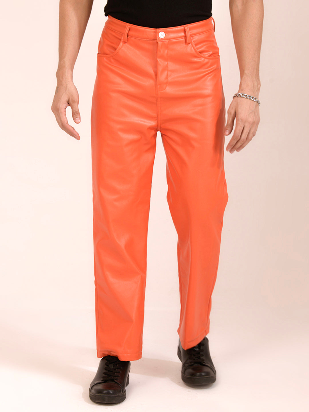 TANDUL  Men Regular Fit Orange Faux Leather Trousers