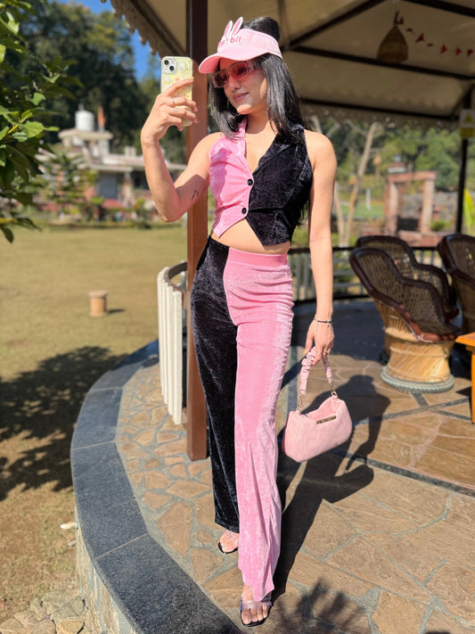 TANDUL Women Pink and Black Velvet Co-ord Set