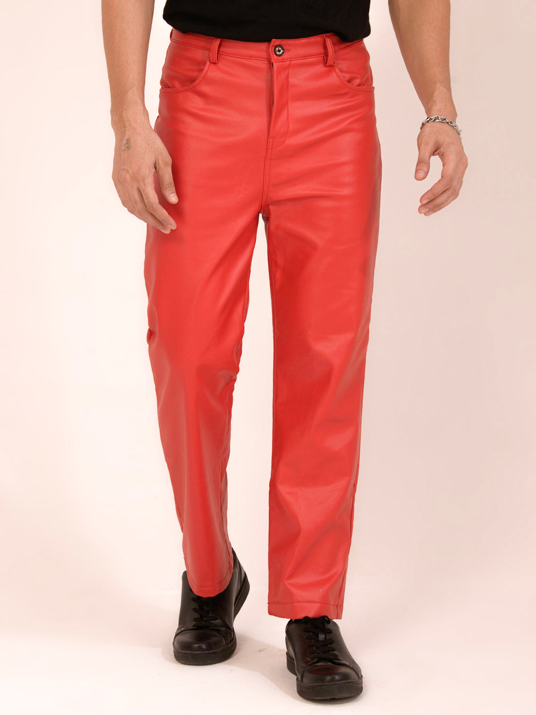 TANDUL  Men Regular Fit Red Faux Leather Trousers